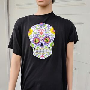 Black T-Shirt with Colorful Skull Design